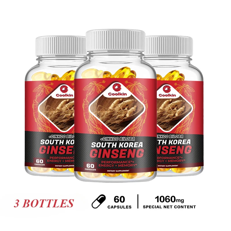 Korean Red Ginseng Capsules - with Ginkgo Biloba - Supports Increased Energy, Stamina & Performance, Muscle Strength
