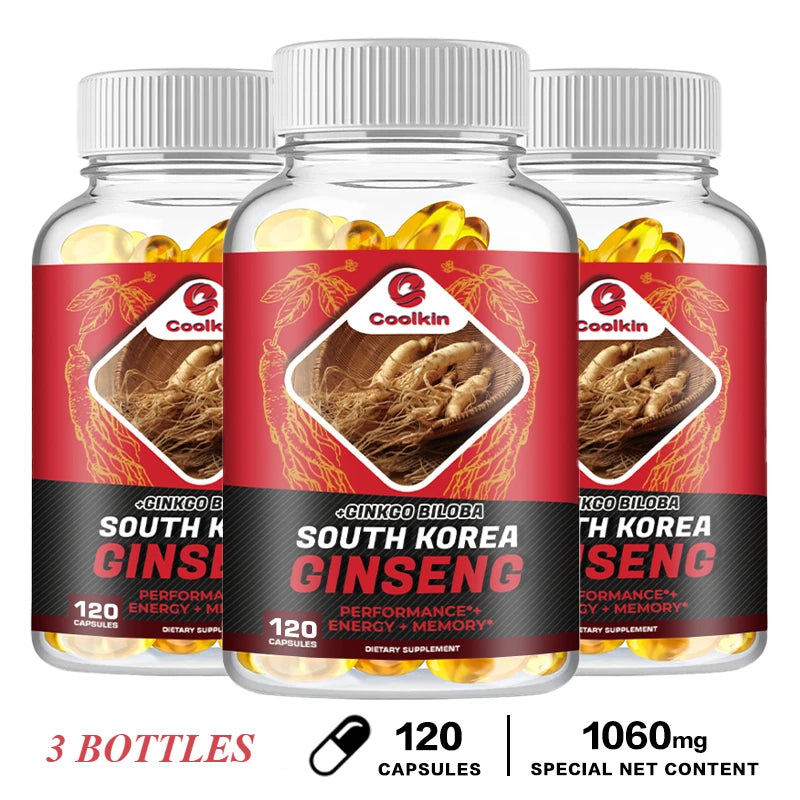 Korean Red Ginseng Capsules - with Ginkgo Biloba - Supports Increased Energy, Stamina & Performance, Muscle Strength