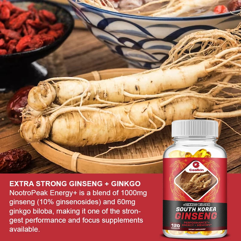 Korean Red Ginseng Capsules - with Ginkgo Biloba - Supports Increased Energy, Stamina & Performance, Muscle Strength