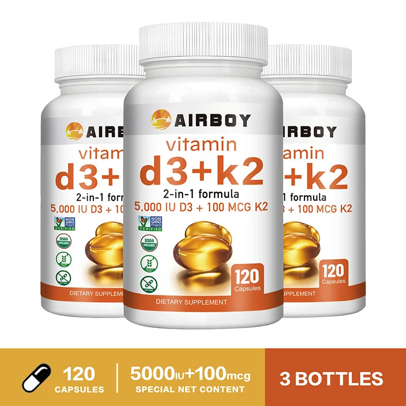 Vitamin D3 + K2 - Promotes Calcium Absorption, Bone and Joint Health, and Boosts Immunity