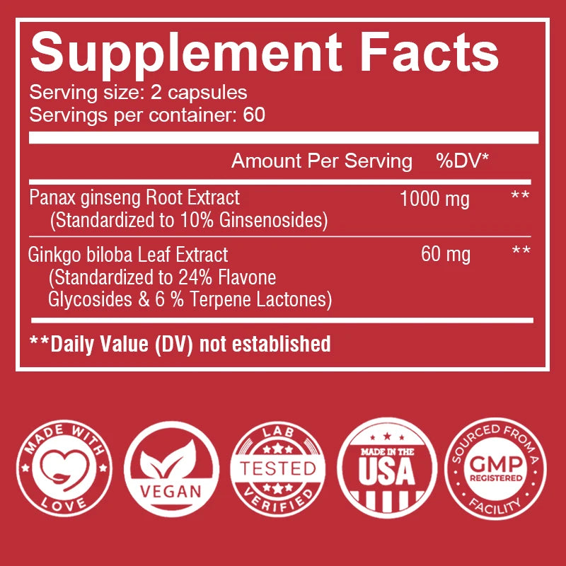 Korean Red Ginseng Capsules - with Ginkgo Biloba - Supports Increased Energy, Stamina & Performance, Muscle Strength