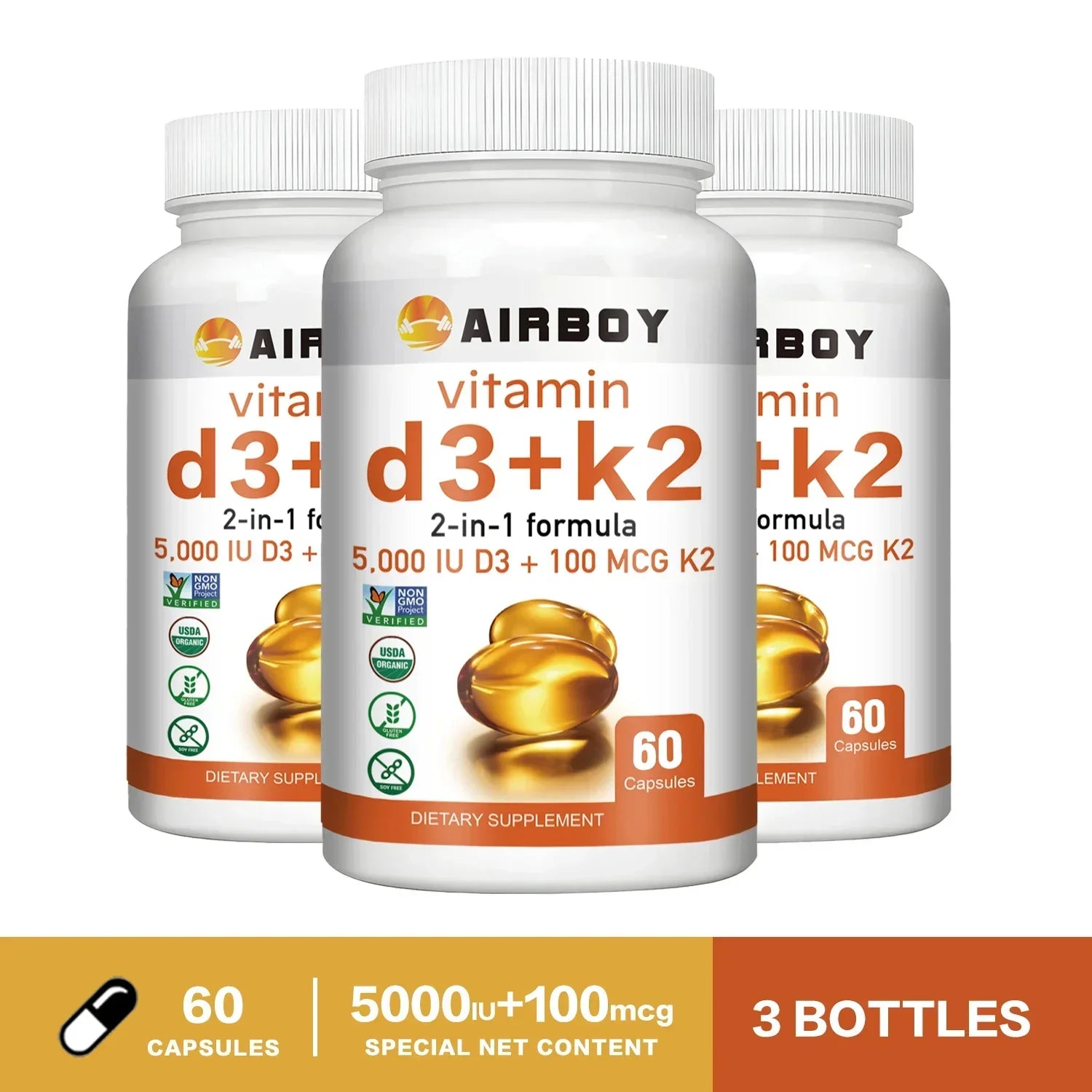 Vitamin D3 + K2 - Promotes Calcium Absorption, Bone and Joint Health, and Boosts Immunity