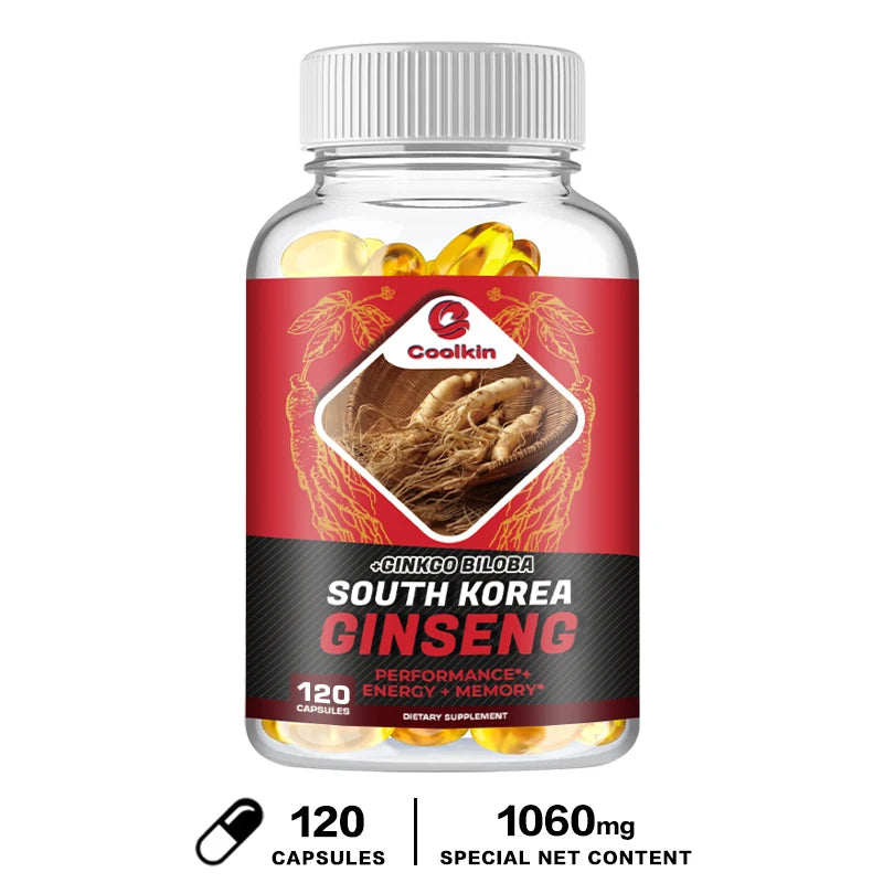 Korean Red Ginseng Capsules - with Ginkgo Biloba - Supports Increased Energy, Stamina & Performance, Muscle Strength